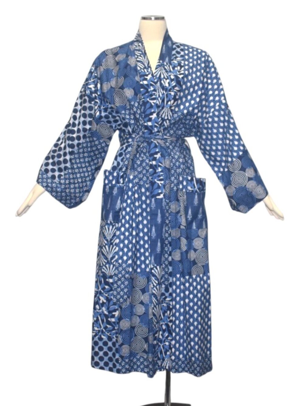 Sevya Handmade India Cotton Kimono Robe Blue Tones Boho Print Pockets One size